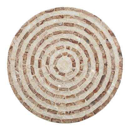 Top-down view of round mosaic tabletop on white background