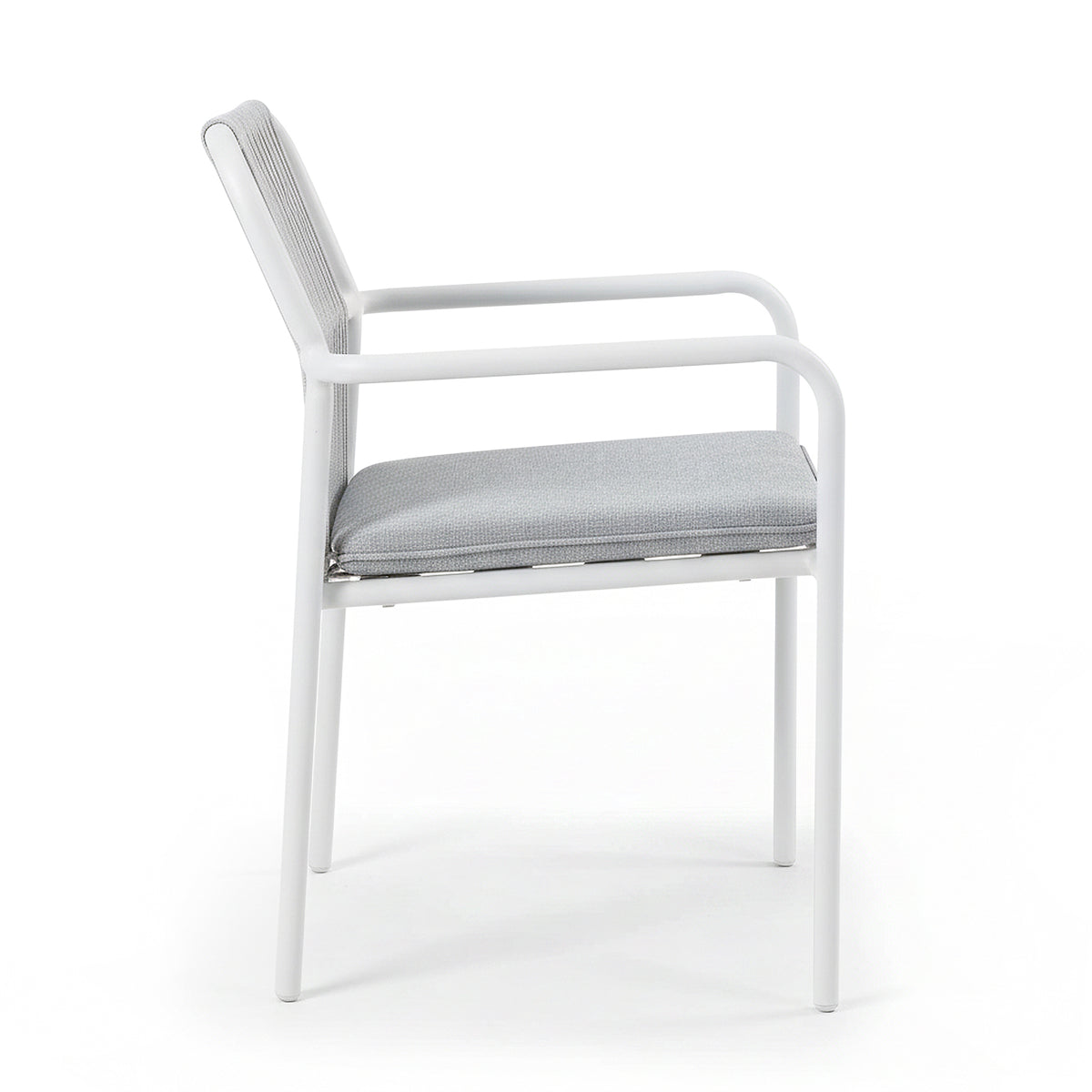 Evone 4 Seater Stone Outdoor Dining Table Set in Light Grey features a sleek stone tabletop and sturdy white metal frame, complemented by light gray upholstered chairs, perfect for stylish outdoor dining.