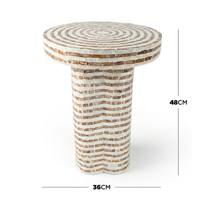 Round mosaic pedestal side table with dimensions on white background