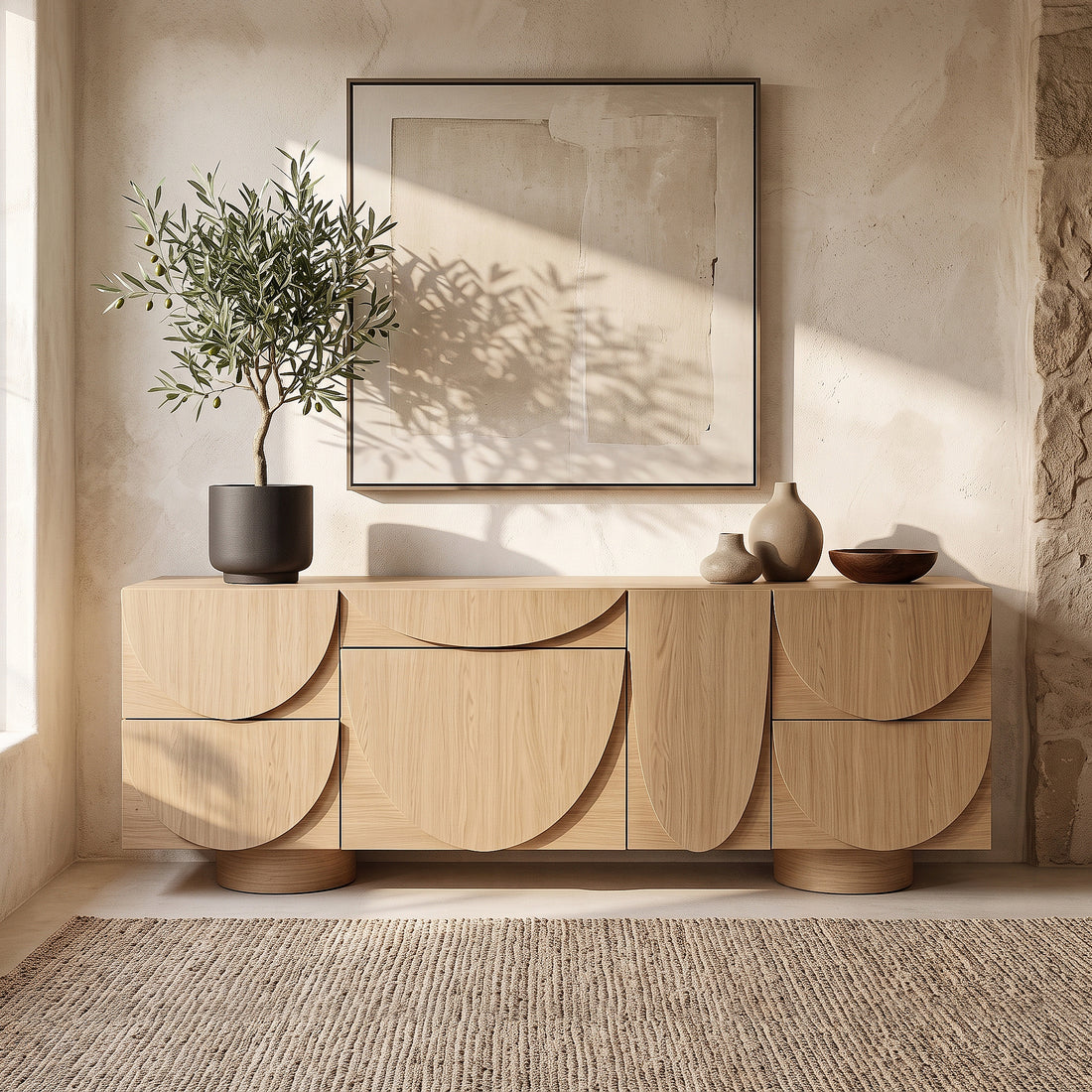 Wooden sideboard styled in a warm room with decor and wall art