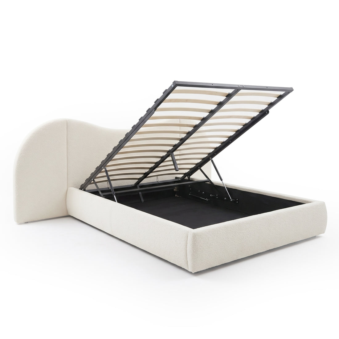 Upholstered storage bed with lifted mattress platform showing storage compartment on white background