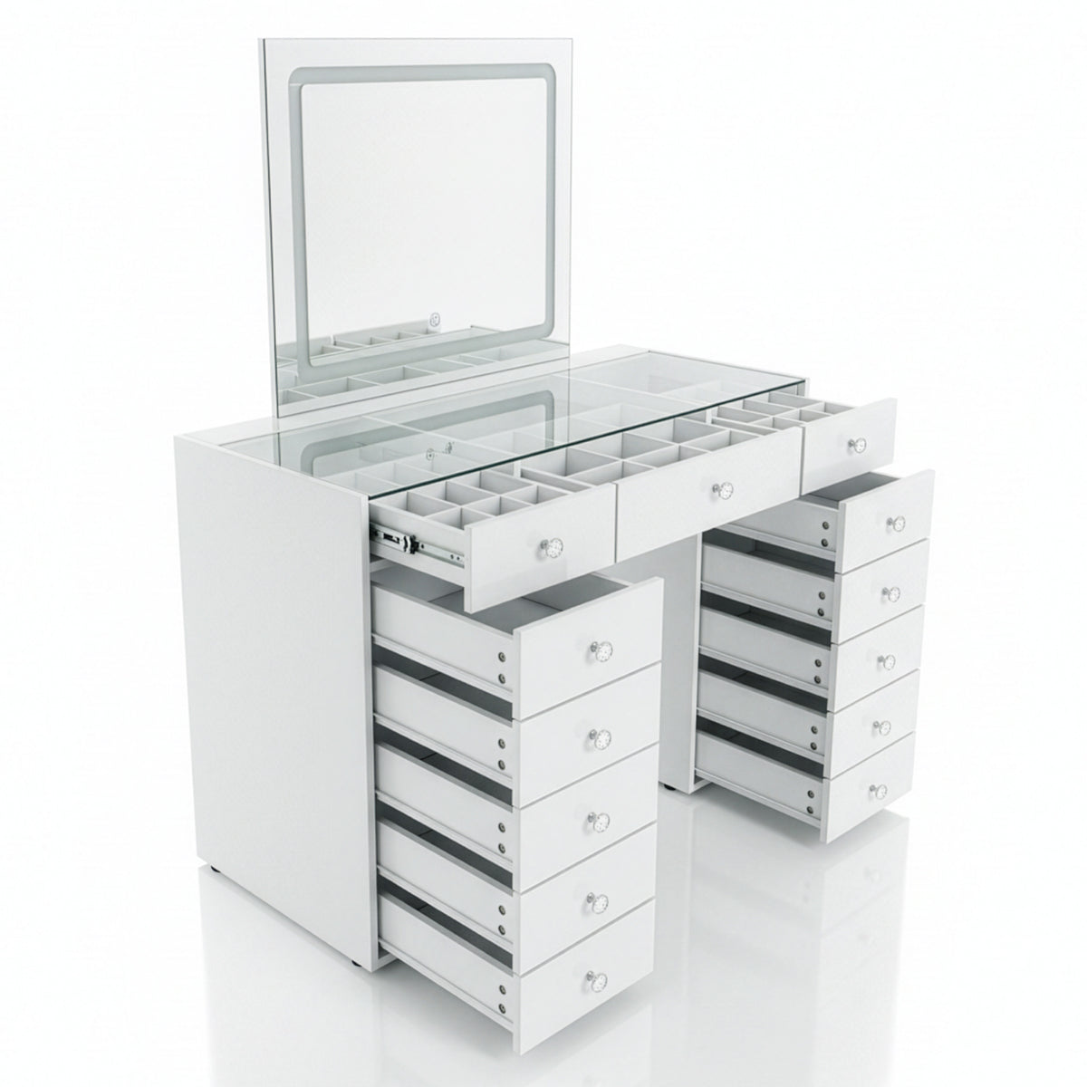 White organizing vanity with open drawers and hinged mirror on white background
