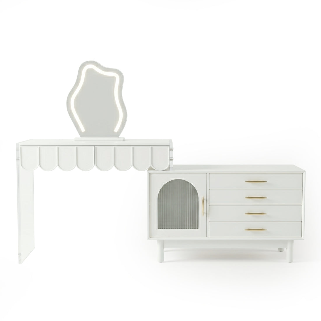 White background shot of the full vanity set including scalloped-edge table, illuminated asymmetrical mirror, and storage cabinet with gold handles