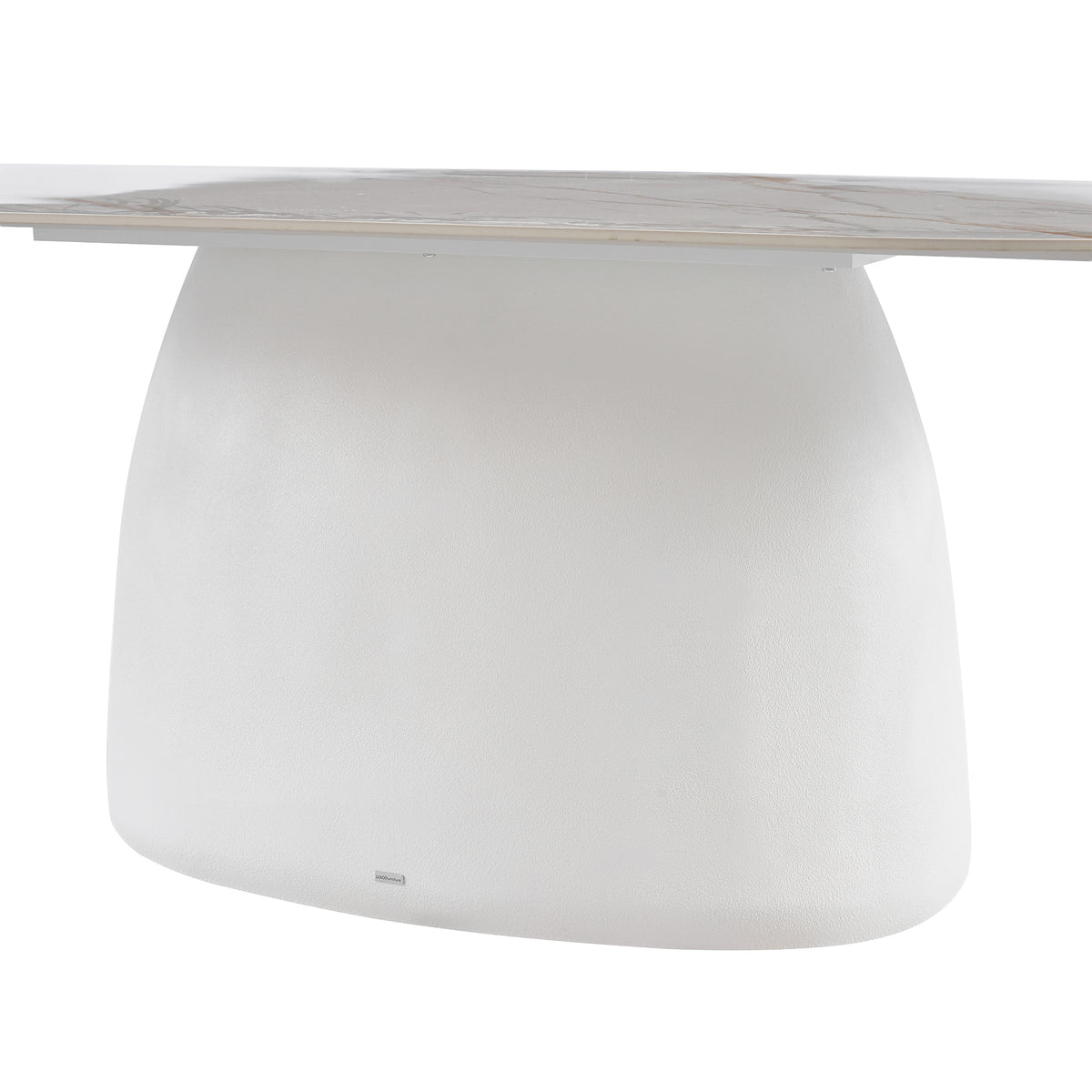Close-up of the base and edge of a modern white table on a white background