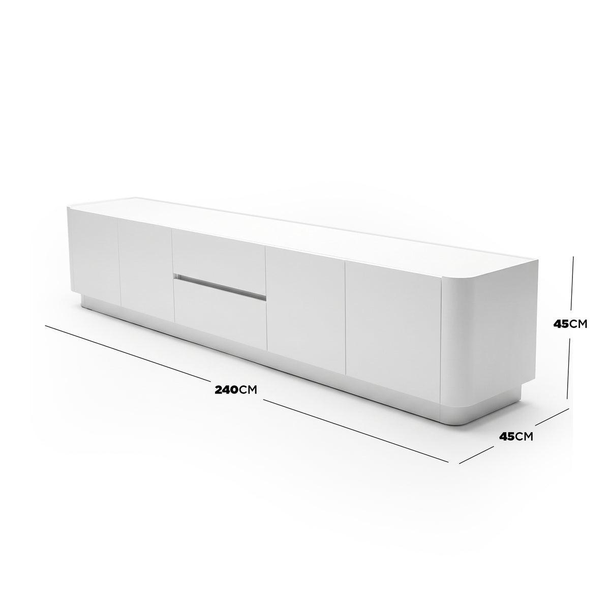 White media console with dimensions labeled on a white background