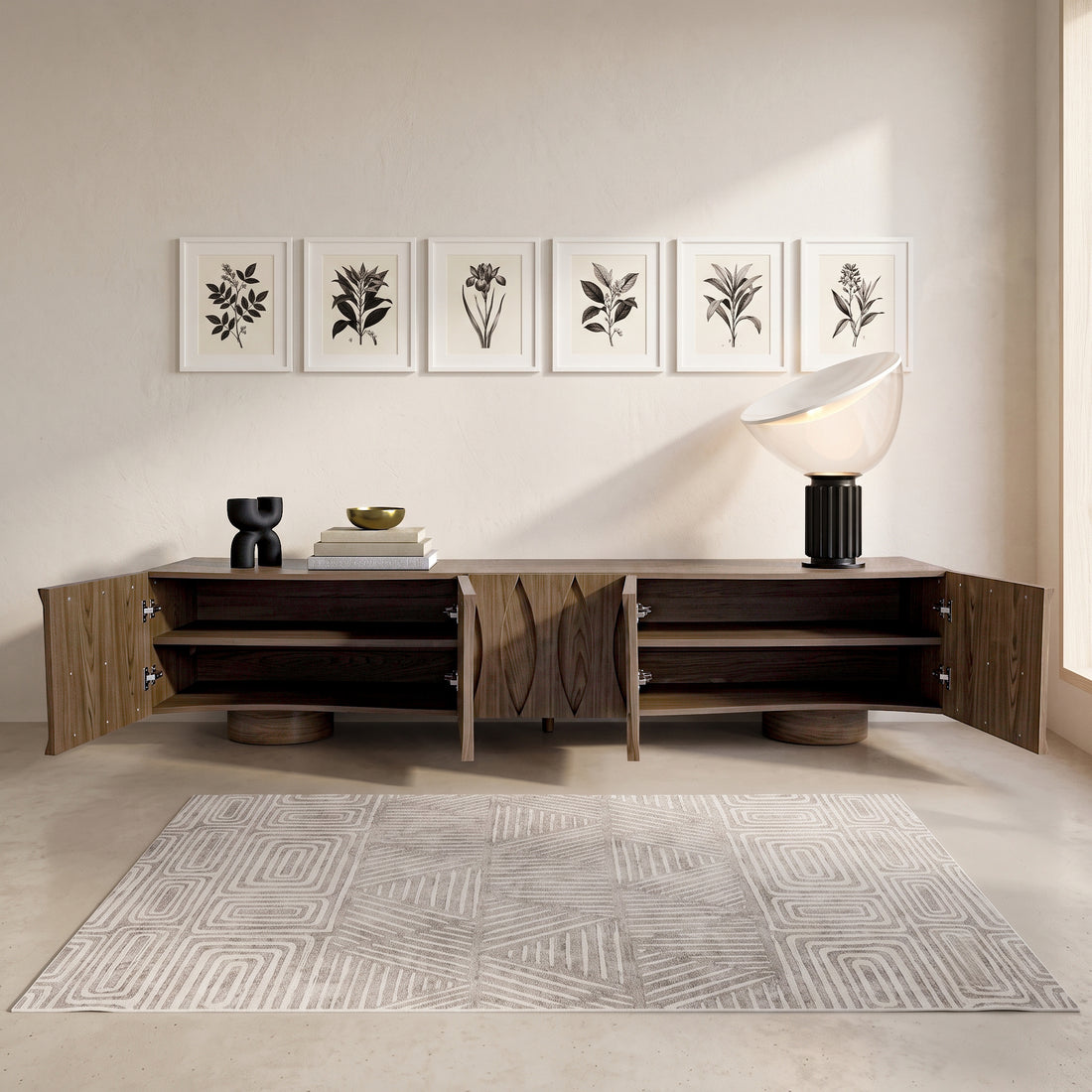 Modern wooden sideboard with open doors in a styled room