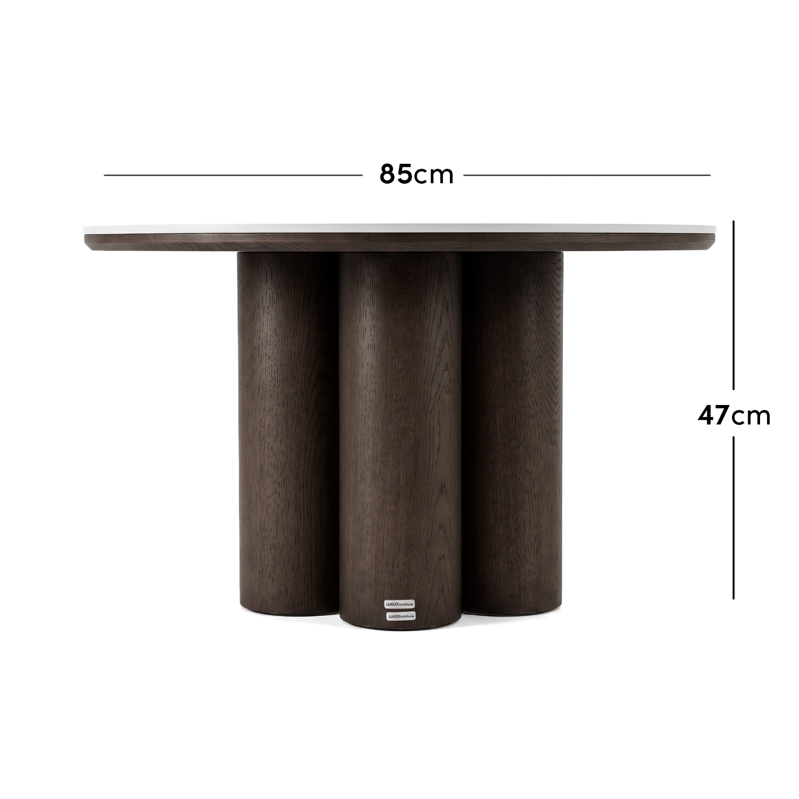 Dark wood round table with measurements shown as 85 cm wide and 47 cm high - Dimensions