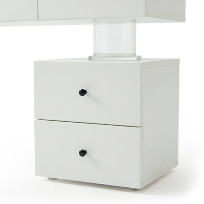 Close-up of white vanity drawer unit section on white background