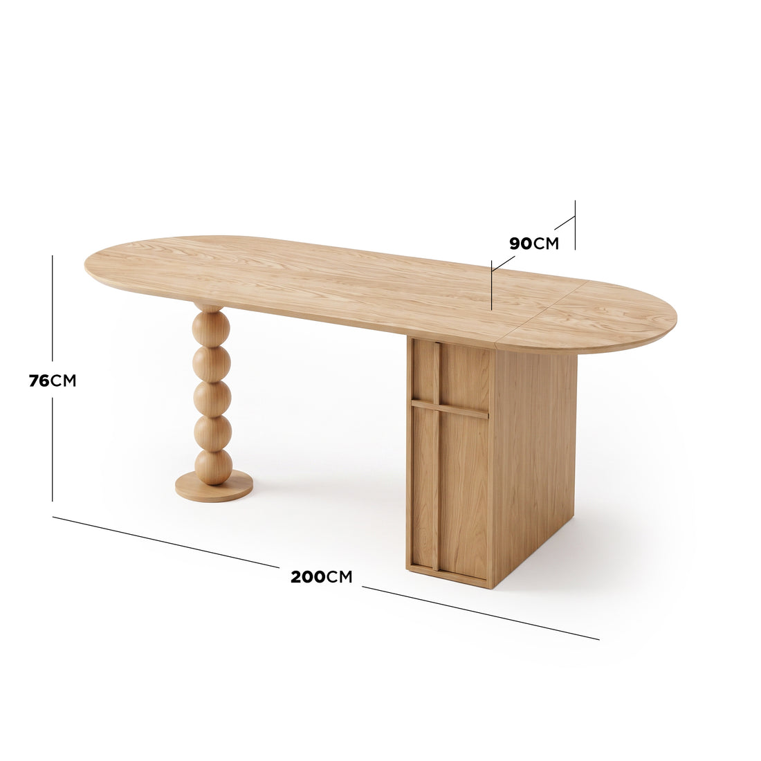 Modern wooden table on white background with dimension lines and measurements shown - Dimensions