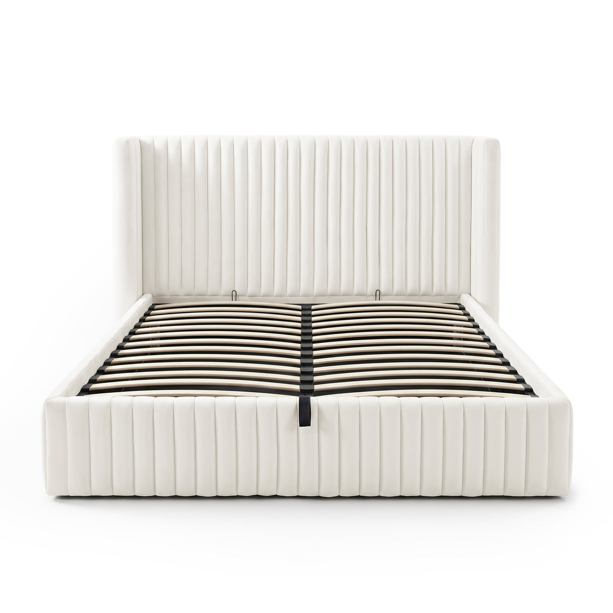 Front-facing view of bed frame with visible slats on white background