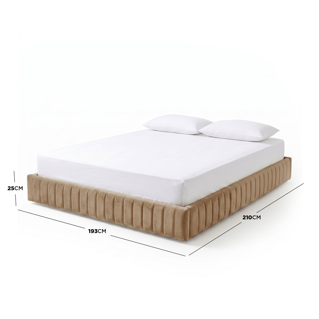Upholstered bed with dimensions labeled against white background