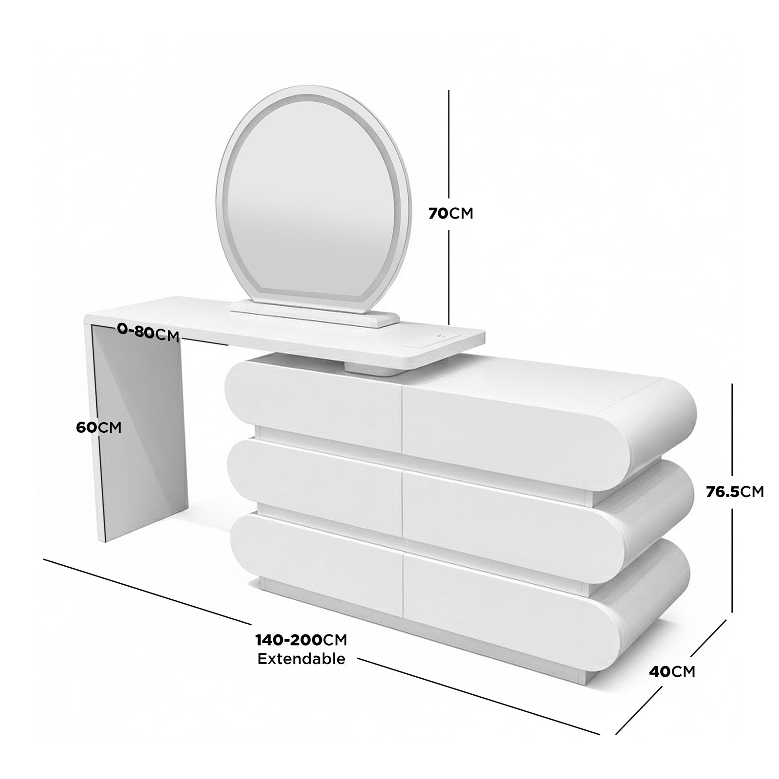 Alora LED Mirror Makeup Vanity Table with Storage in White features a large round LED mirror, extendable tabletop, and six pill-shaped drawers, offering a modern, minimalist design with practical functionality.