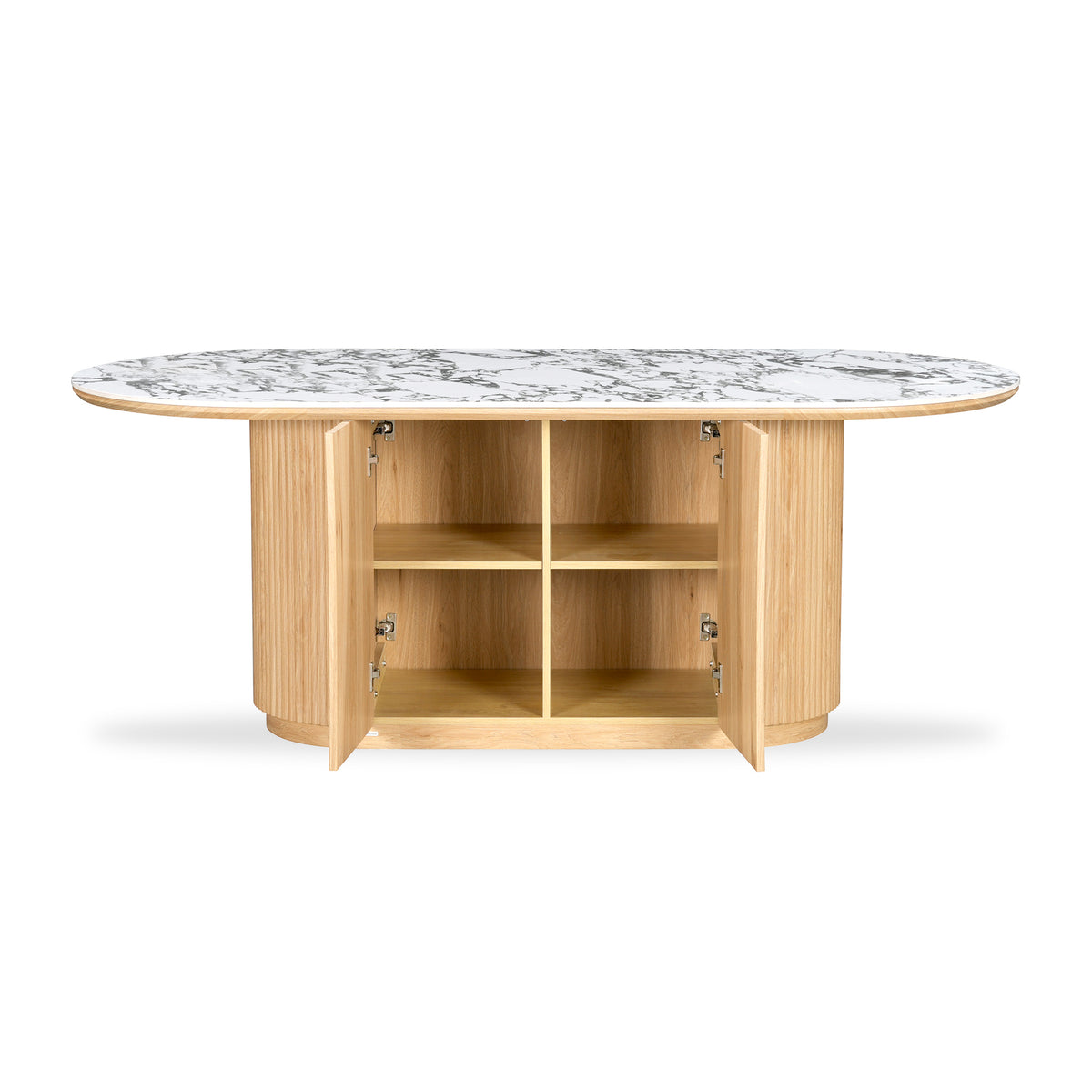 Oval marble-top table with light wood base and all cabinet doors open on a white background