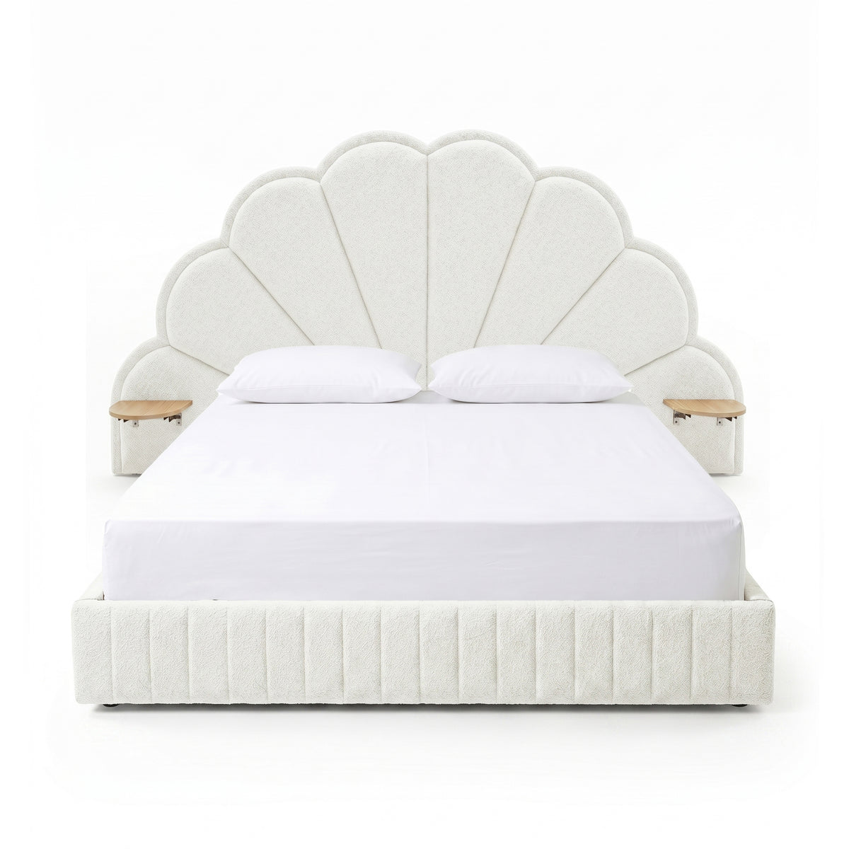 Full view of upholstered scallop headboard bed with built-in side tables on white background