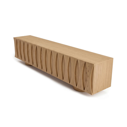 Long wooden sideboard with carved front panel on white background