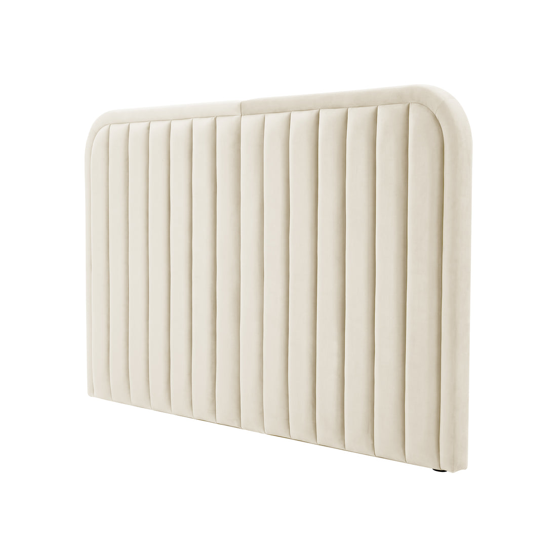 Beige upholstered headboard with vertical channel paneling on white background