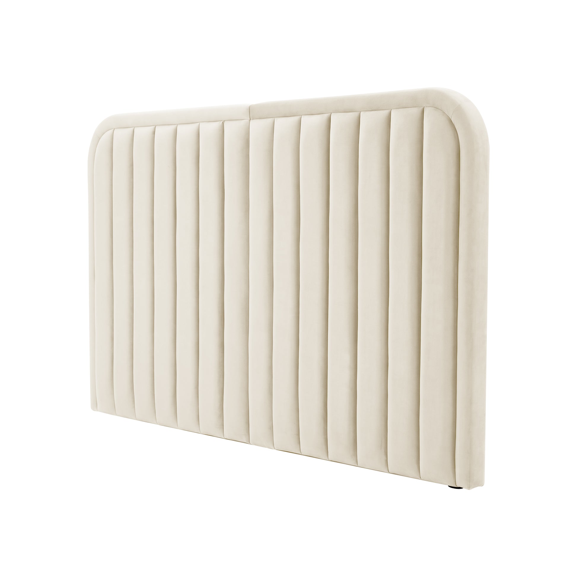 Beige upholstered headboard with vertical channel paneling on white background