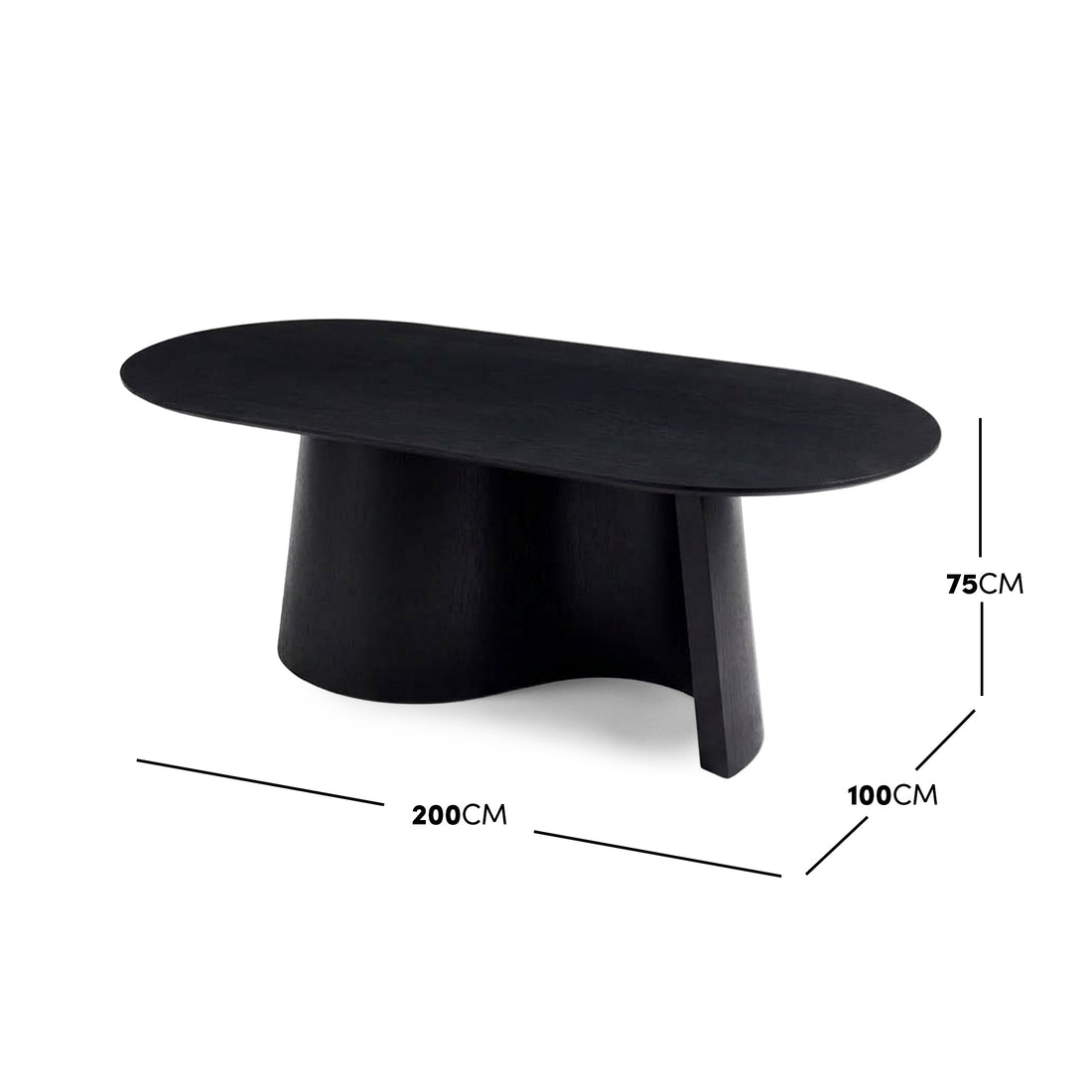 Full black oval dining table on white background with dimensions marked 200 cm by 100 cm by 75 cm