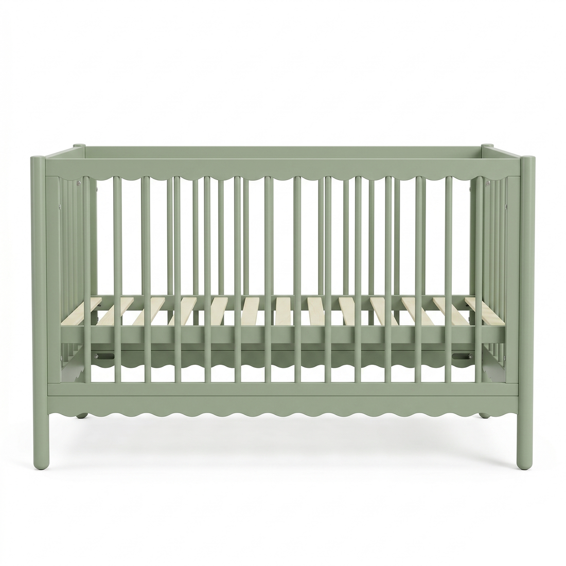 Front view of sage green baby crib on white background