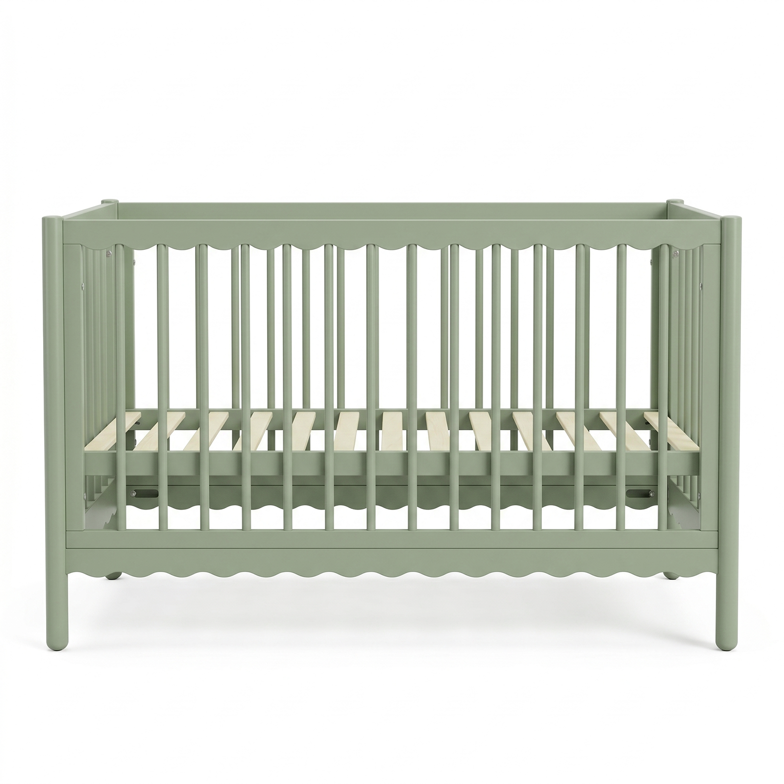 Front view of sage green baby crib on white background