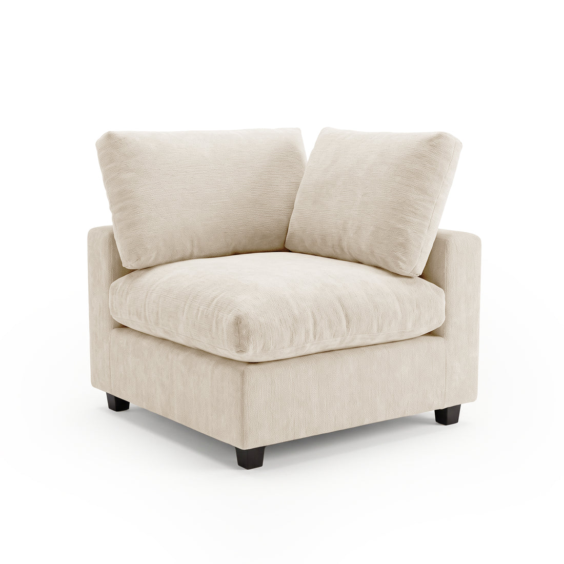 Beige upholstered corner chair with plush cushions on a white background