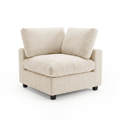 Beige upholstered corner chair with plush cushions on a white background
