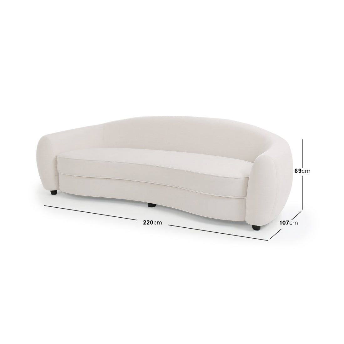 Curved white sofa on white background with dimensions labeled