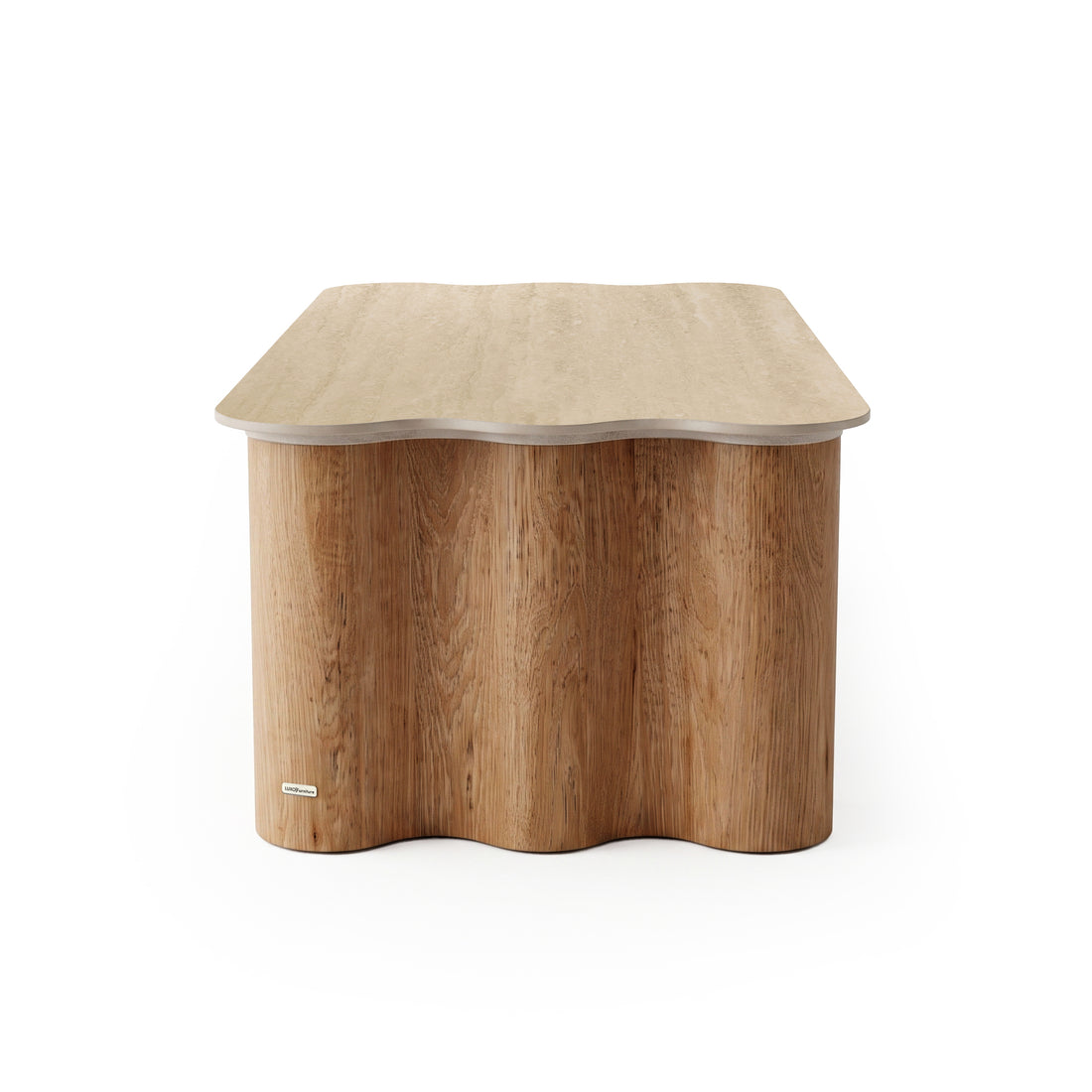 Modern wooden table with wave-edged top and cylindrical base on white background