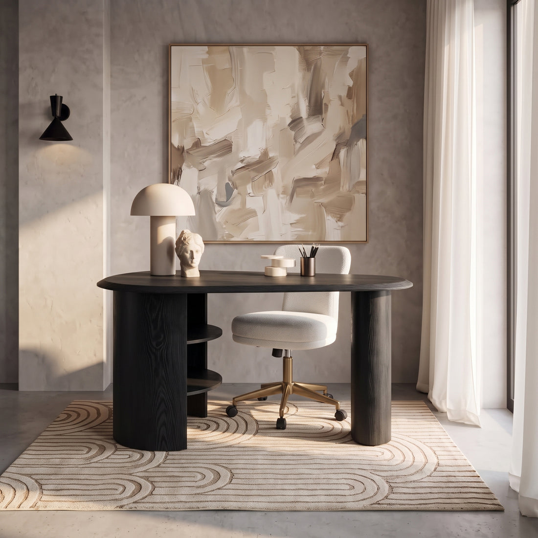 Black modern desk styled in a contemporary home office with chair and decor