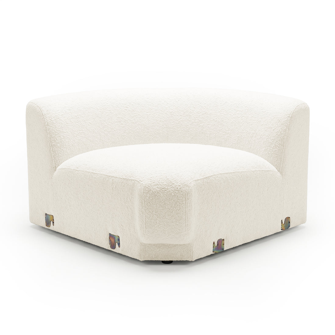 Armless corner chair in white textured fabric on white background