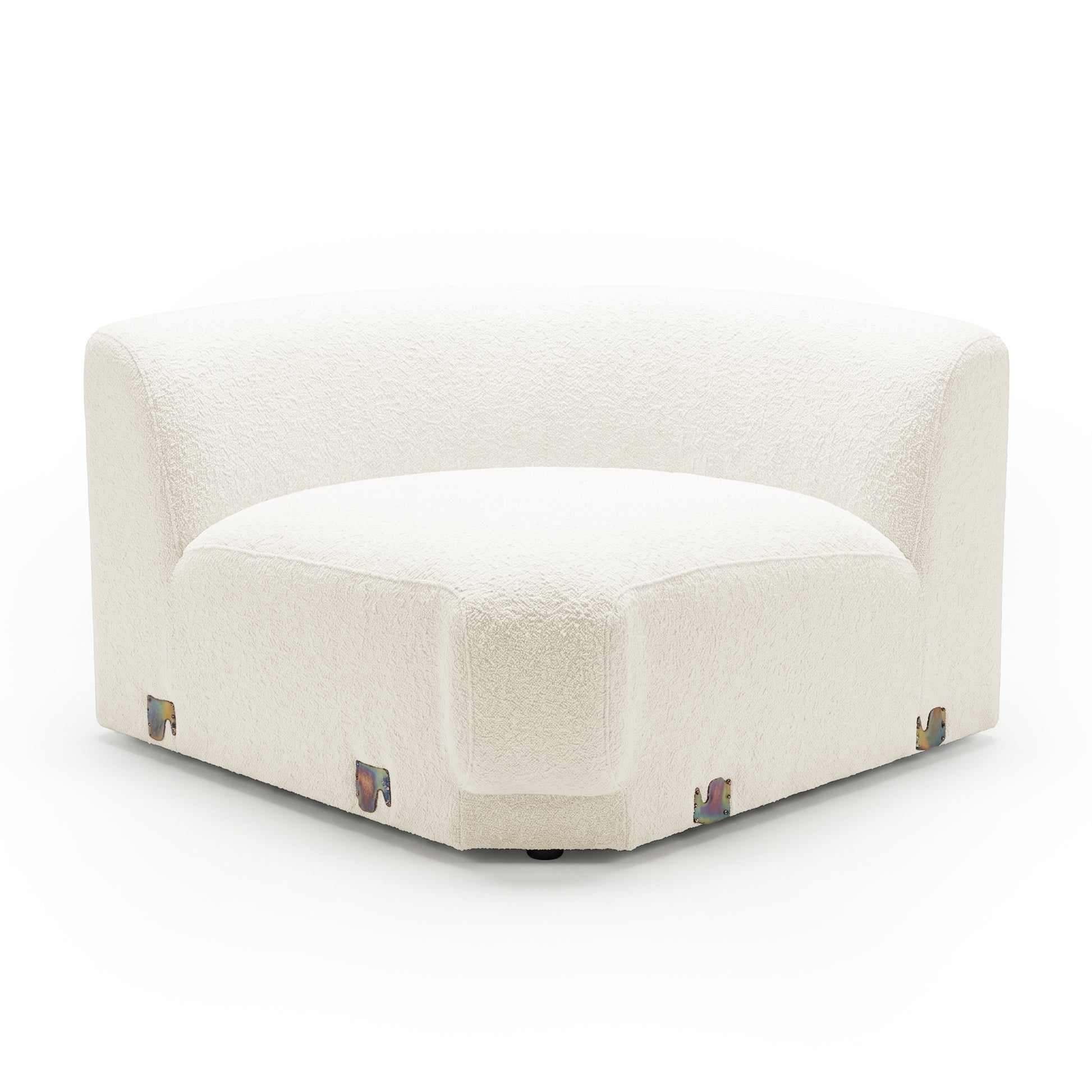 Armless corner chair in white textured fabric on white background