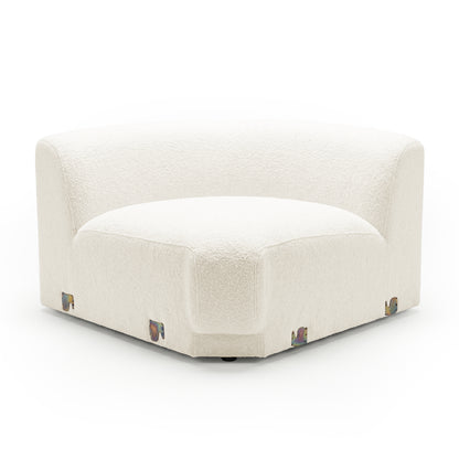 Armless corner chair in white textured fabric on white background