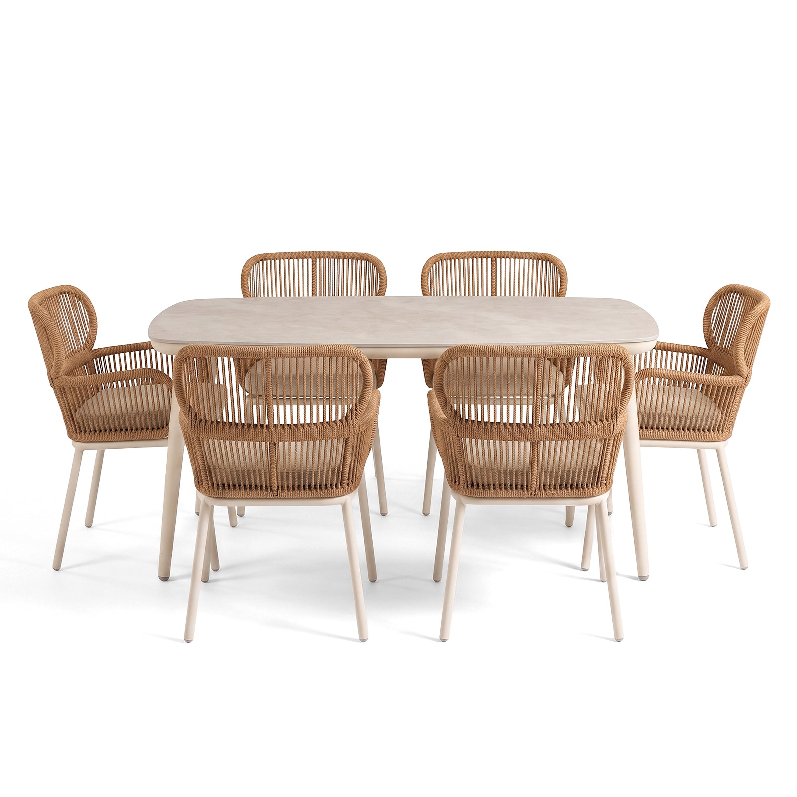 Seven-piece dining set with table and six chairs on a white background