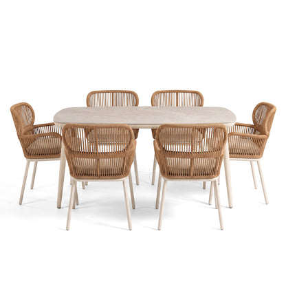 Seven-piece dining set with table and six chairs on a white background