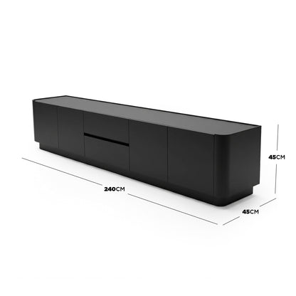 Black TV cabinet on white background with dimensions shown
