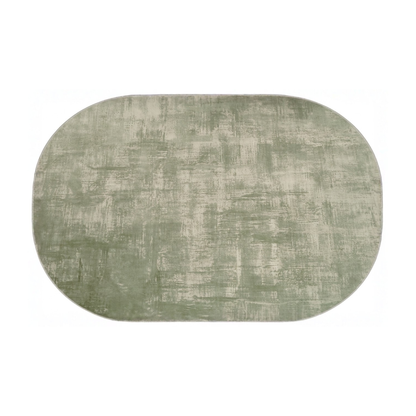 Oval sage green distressed-pattern rug shown fully on a white background