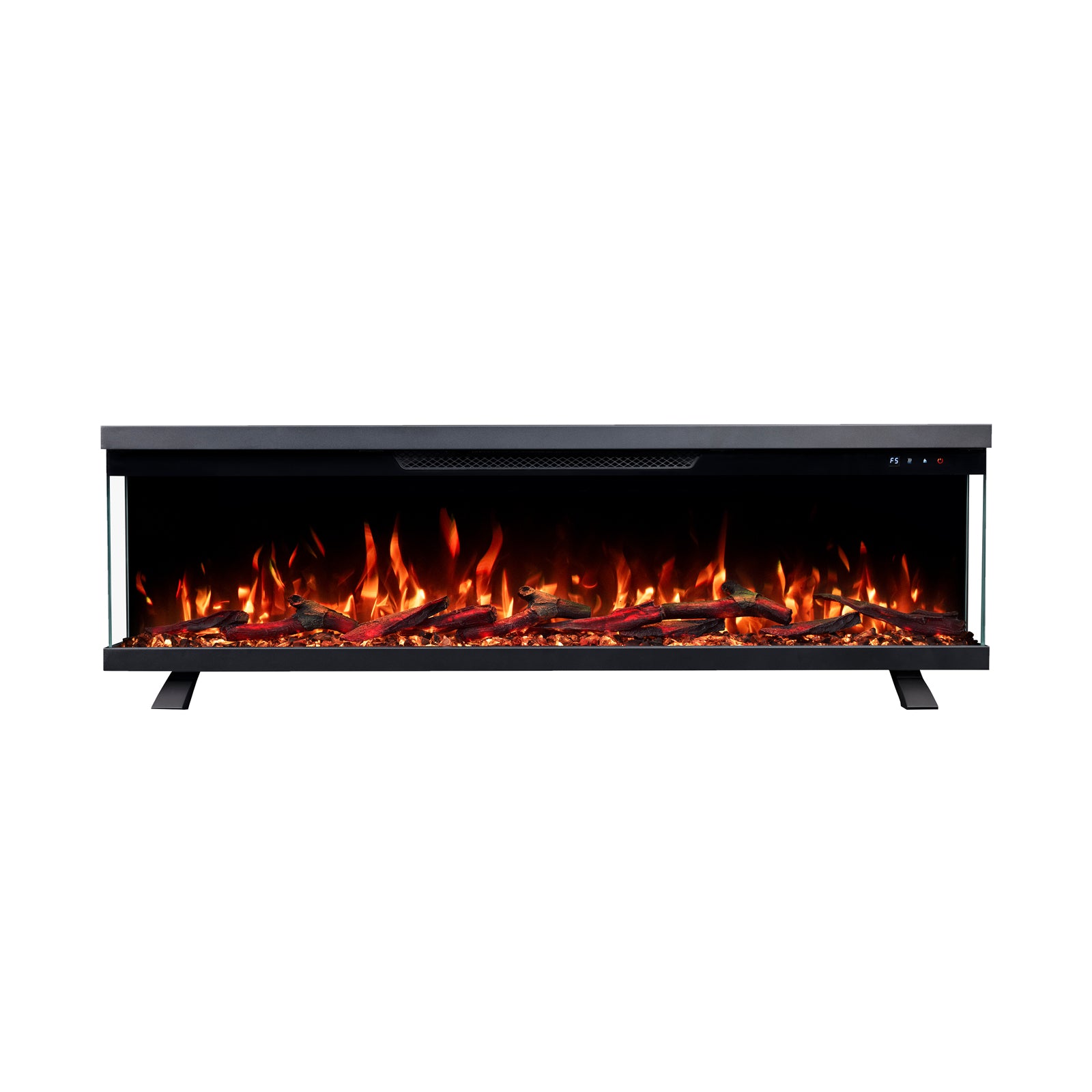 Electric fireplace full view on white background with realistic flame effect.
