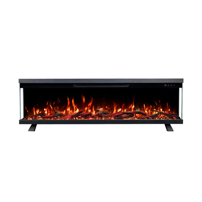 Electric fireplace full view on white background with realistic flame effect.