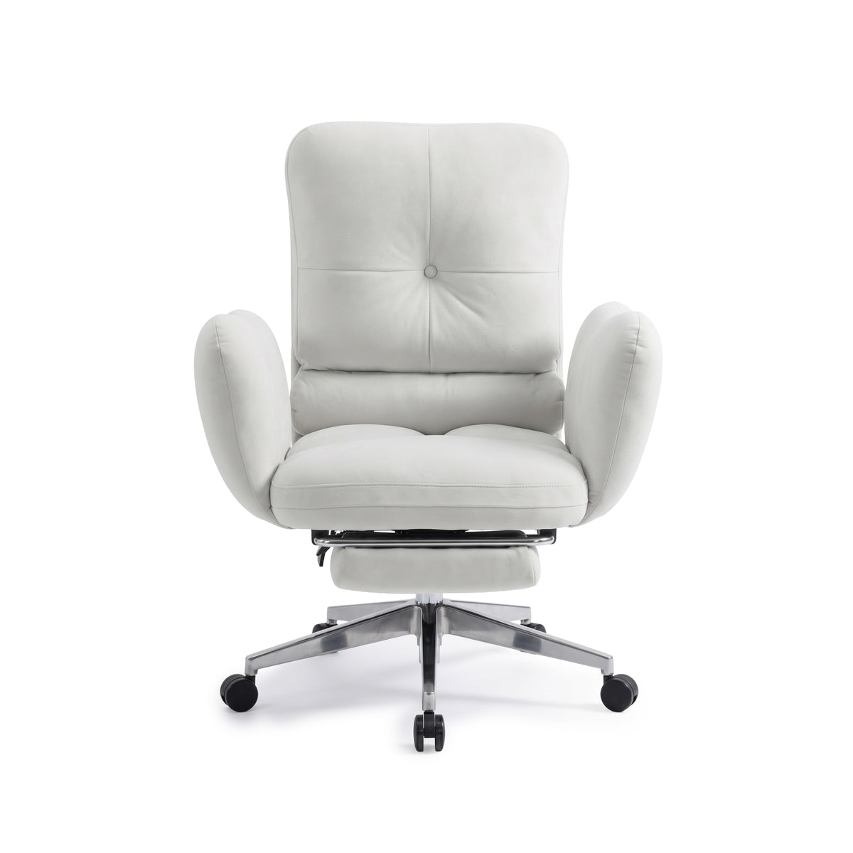 Front view of a light gray upholstered swivel office chair on white background