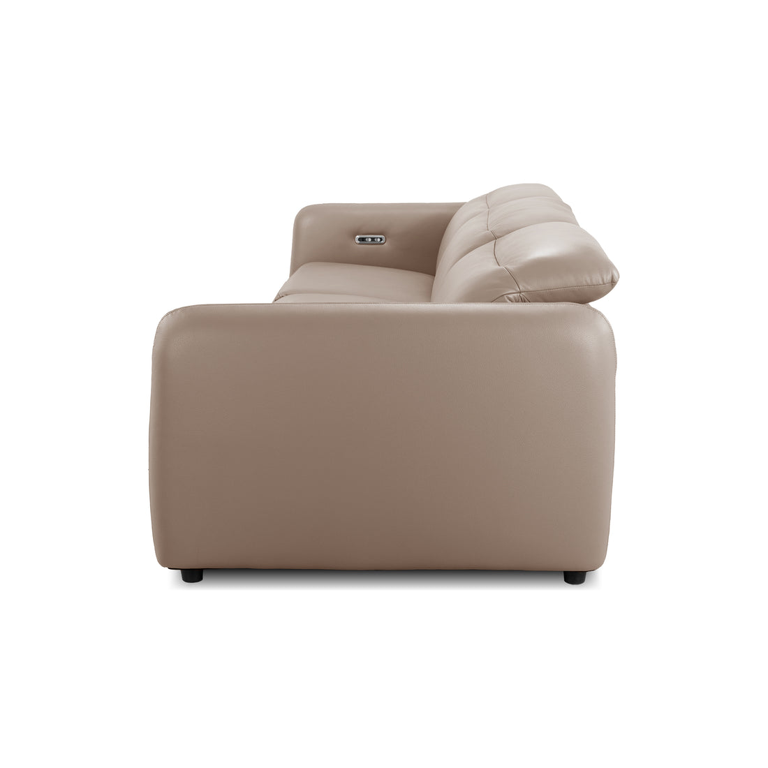 Side view of a taupe leather sofa on a white background