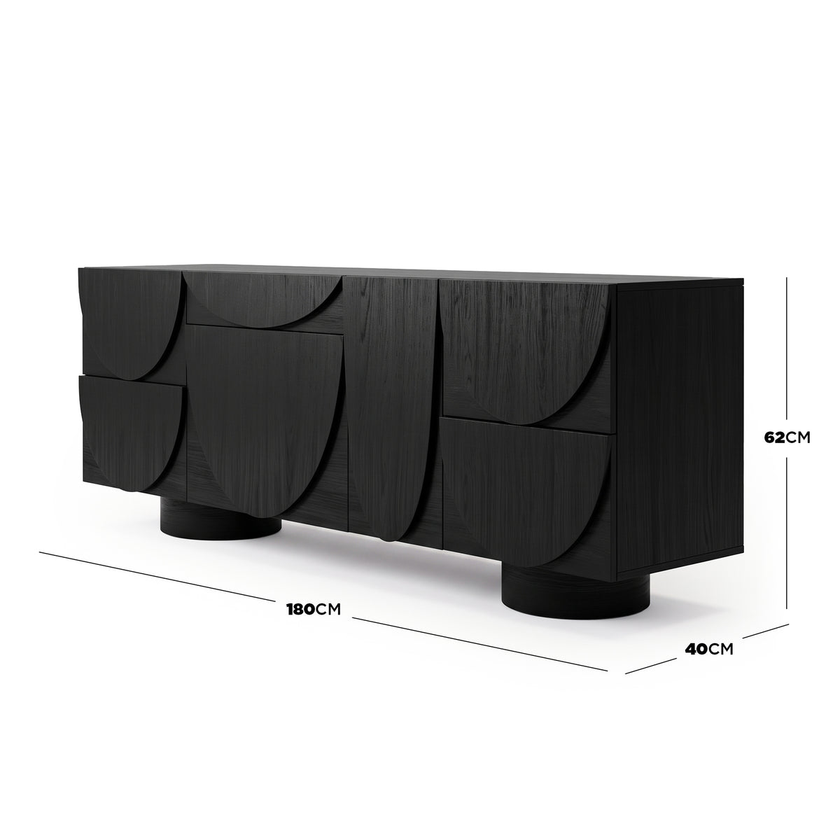 Black sideboard on white background with dimensions labeled 180 cm by 40 cm by 62 cm