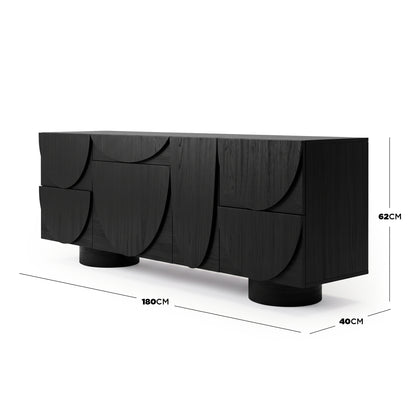 Black sideboard on white background with dimensions labeled 180 cm by 40 cm by 62 cm