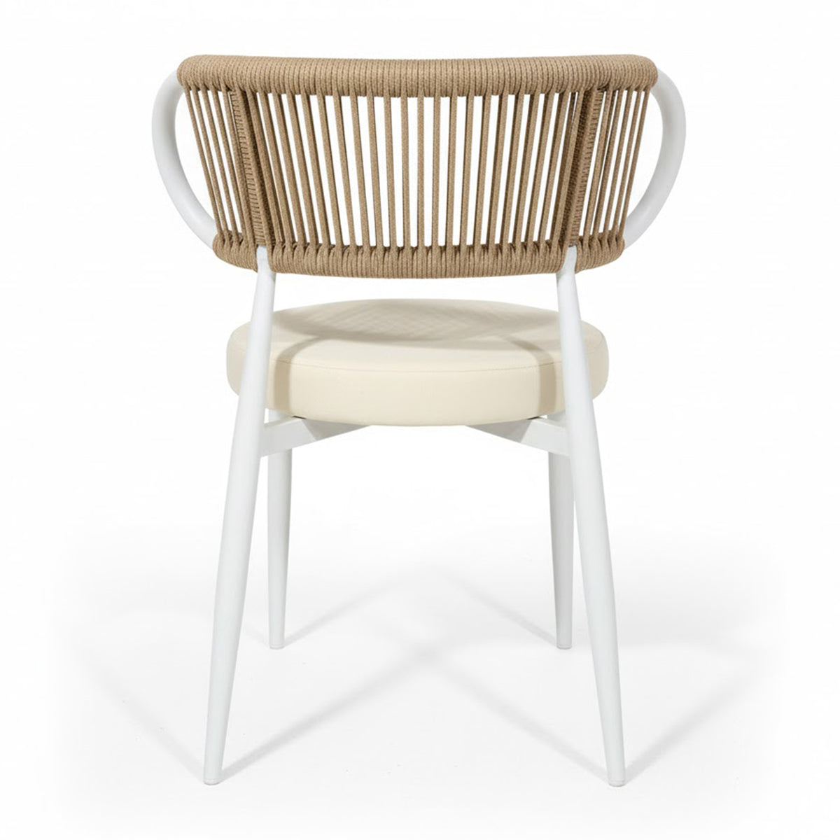 Cabria 9 Piece Sintered Stone Outdoor Dining Set in Beige features a modern chair with a circular seat cushion, rope-wrapped backrest, and white metal frame, epitomizing coastal minimalism and durability.