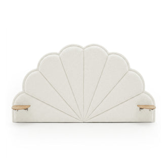 Plush shell-shaped upholstered headboard with wooden shelves on white background