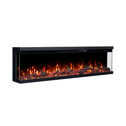 Electric fireplace full view on white background featuring vibrant flames and glowing embers.