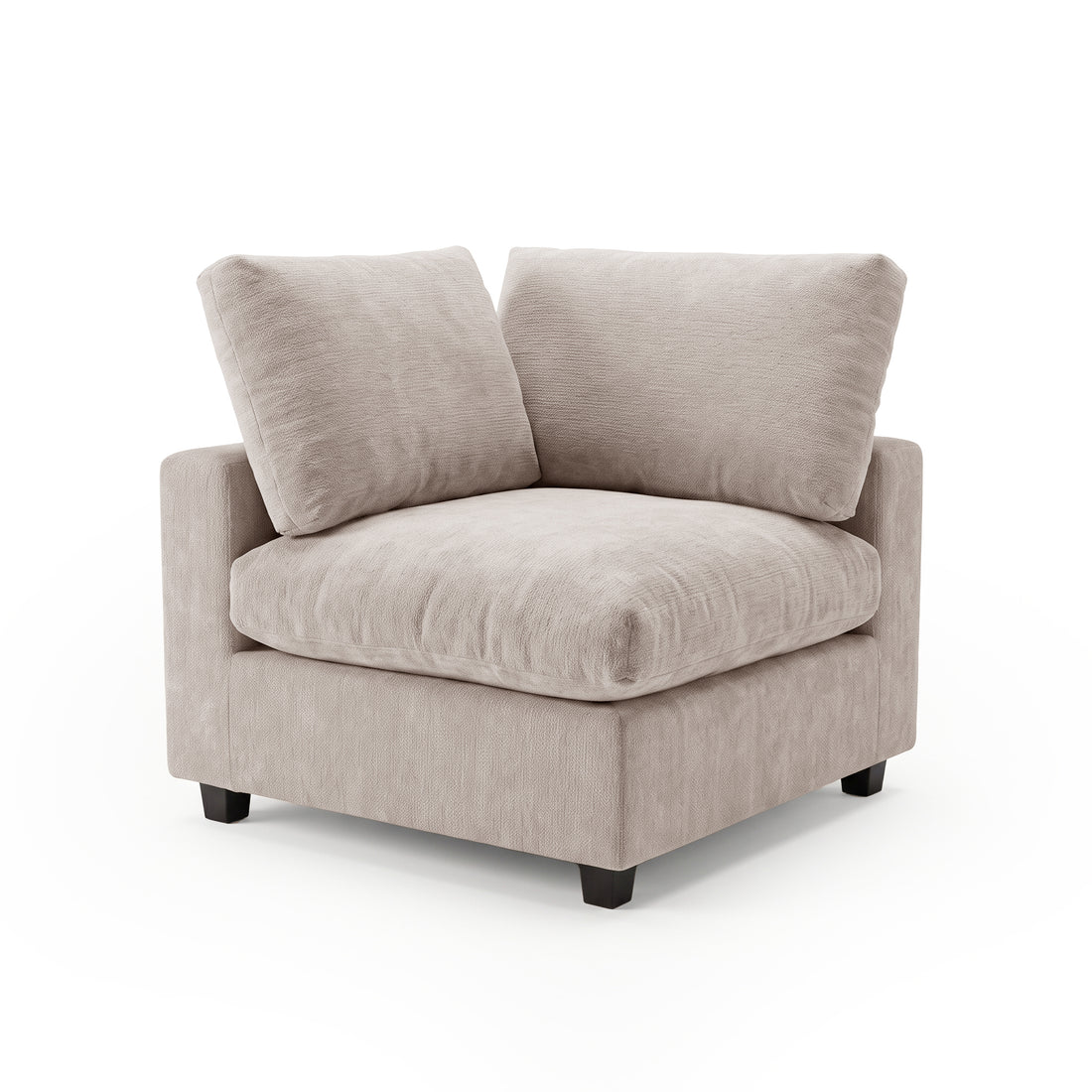Corner section of a beige modular sofa on white background