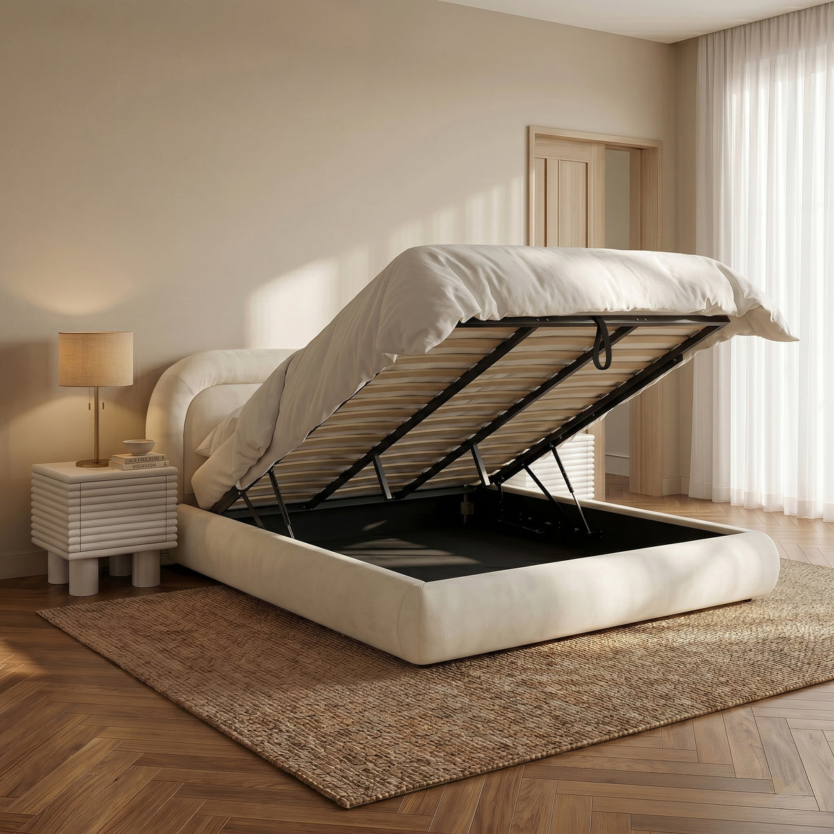 Storage bed with lifted mattress revealing under-bed compartment in a decorated bedroom
