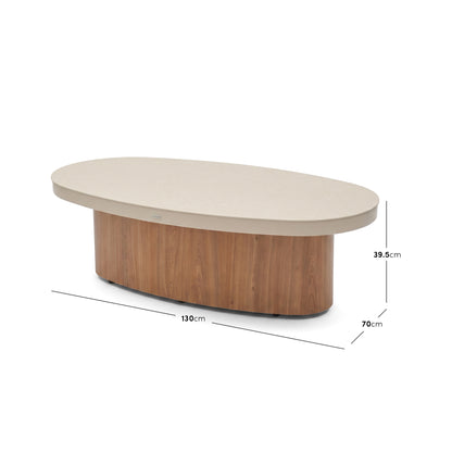 Oval coffee table on a white background with dimensions labeled in centimeters.