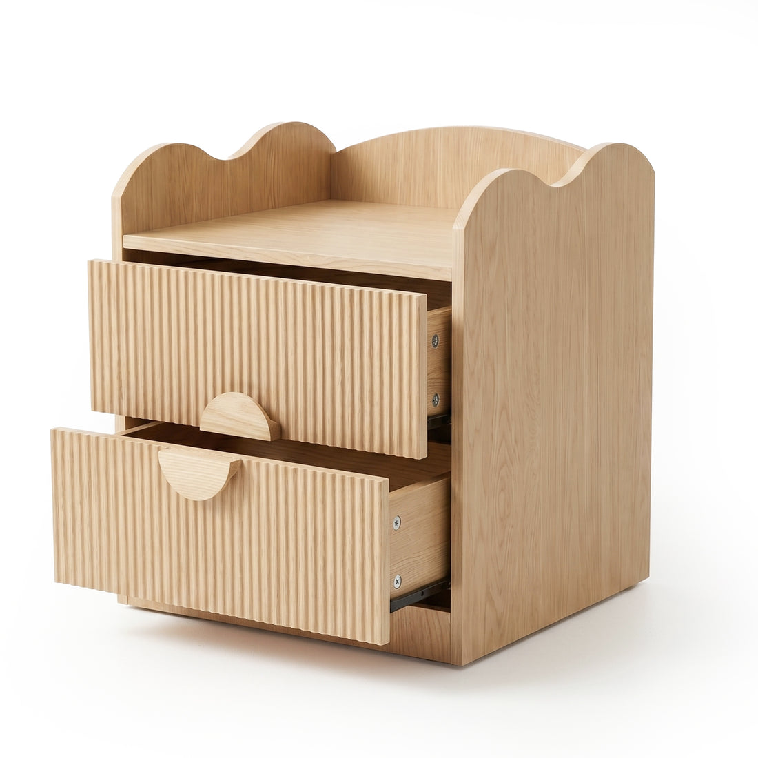 Light wood side table with two partially open drawers and scalloped edges on white background