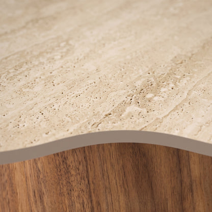 Close-up detail of a stone top meeting a curved wooden edge